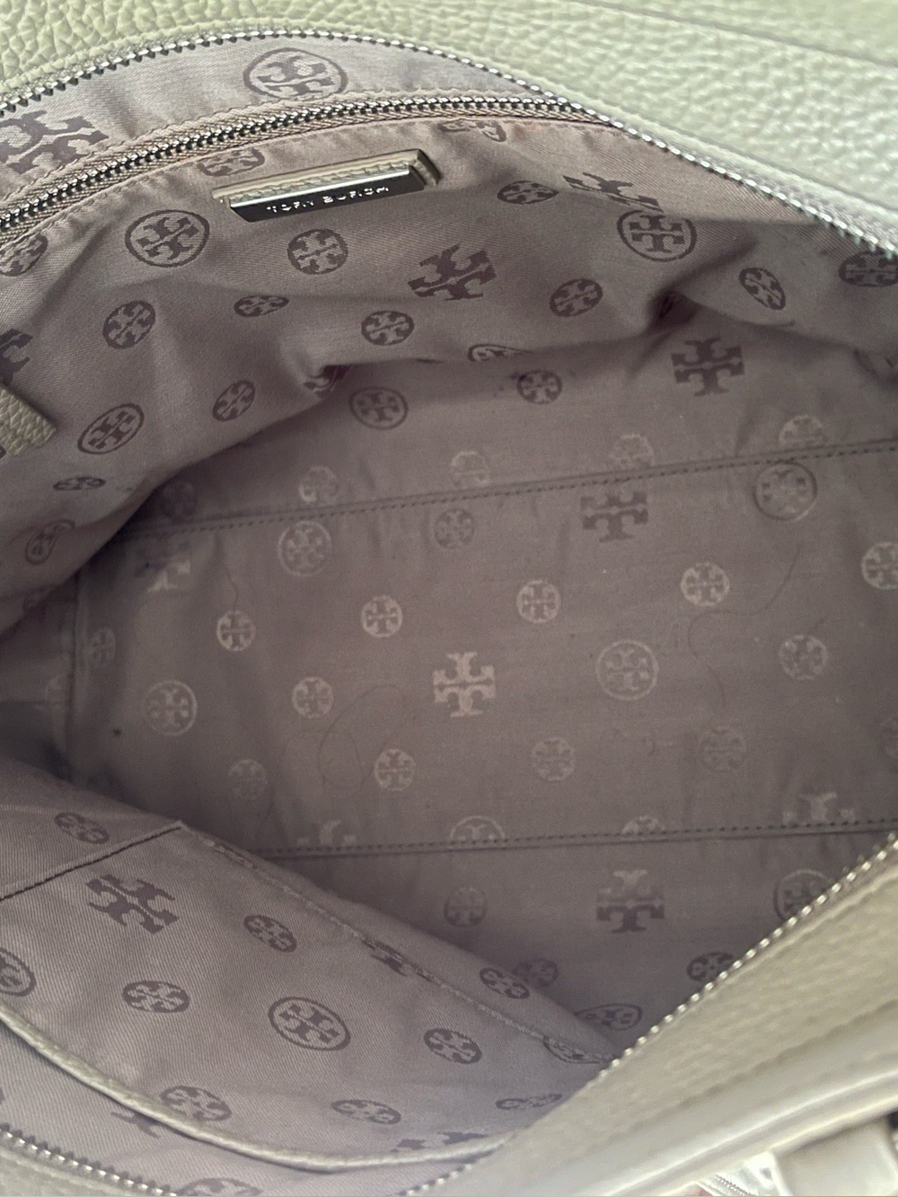 Tory Burch Thea Tote Pebble Leather Hobo Bag Taupe French Grey Tan Large - Picture 2 of 16